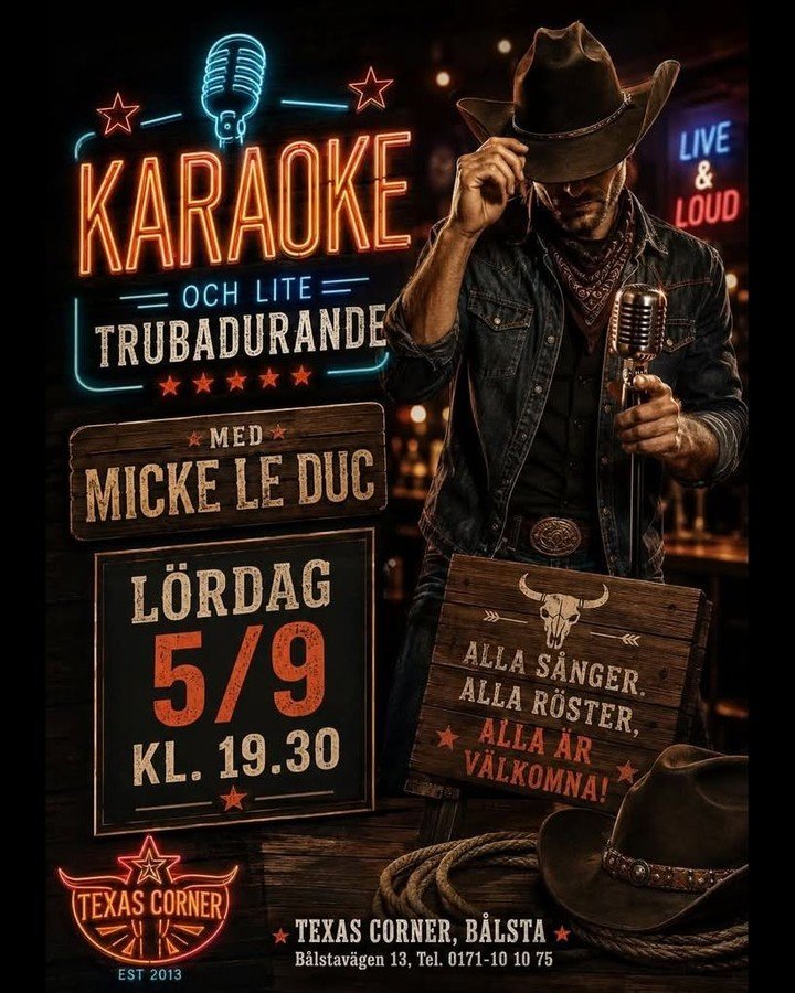 KARAOKE PÅ TEXAS CORNER I BÅLSTA – LÖRDAG 5 SEPTEMBER KL. 19.30